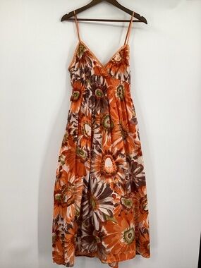 Speed Control Orange Floral Midi Dress with Spaghetti Straps